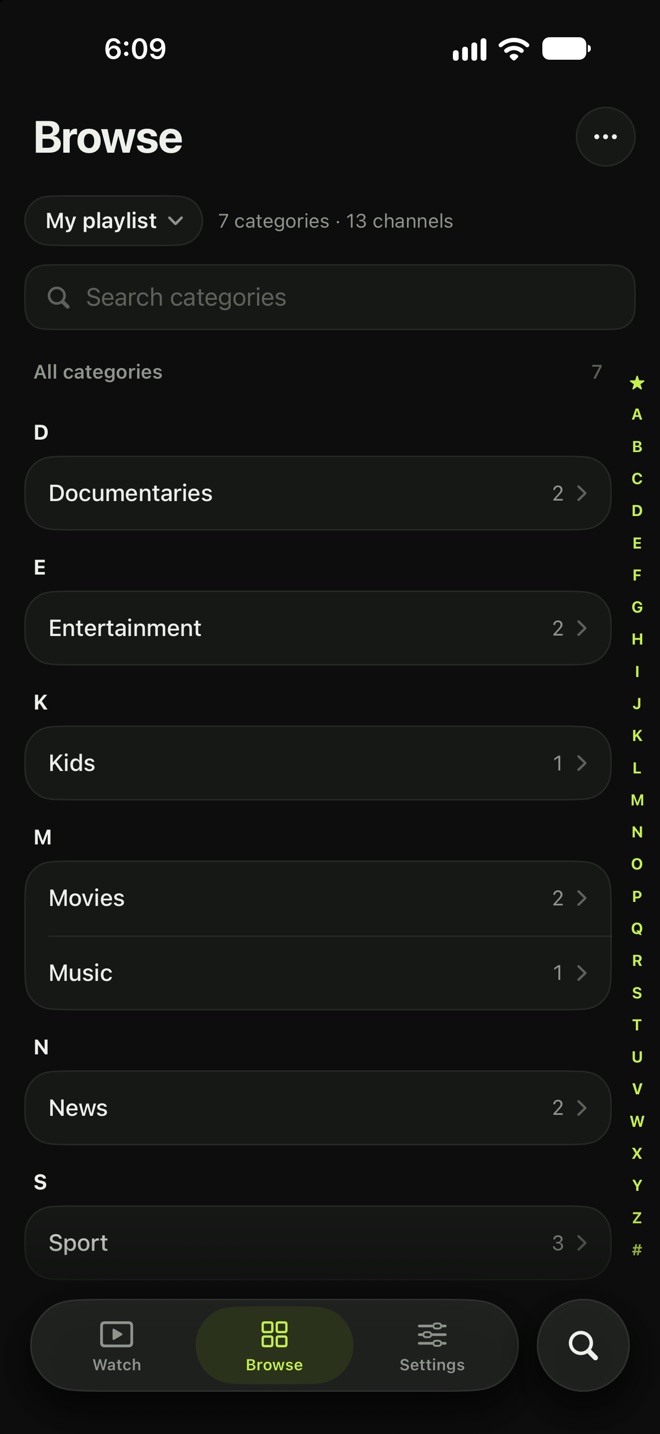 YourView's screen: Every category, A to Z