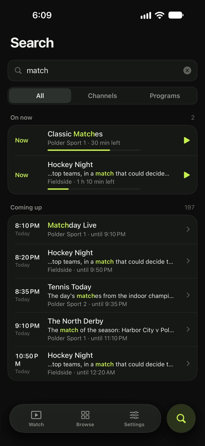 YourView's screen: Search programs, not just channels